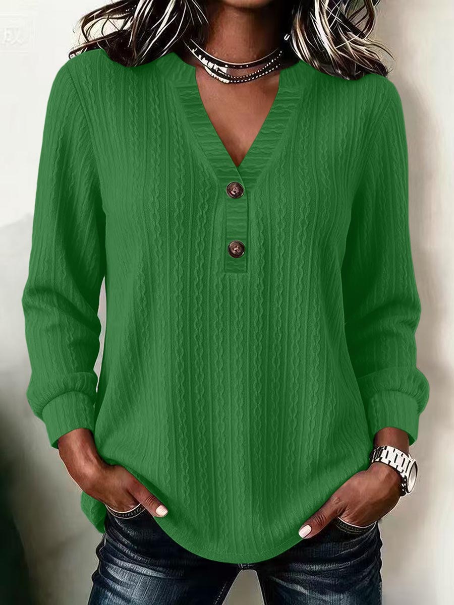 Textured Henley V-Neck Long Sleeve Blouse