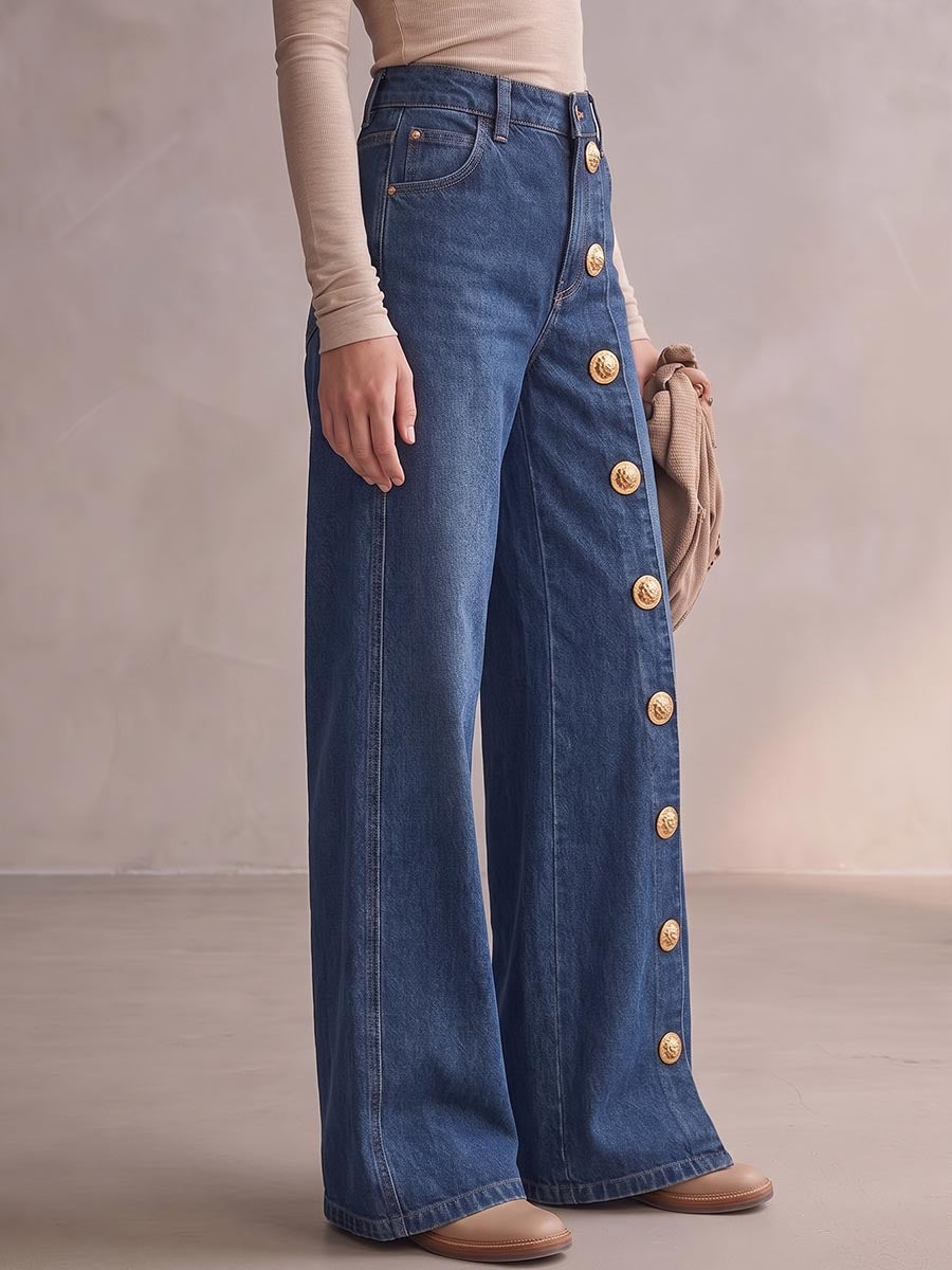 Women's High-waisted Loose-fit Wide-leg Jeans With Metal Buttons