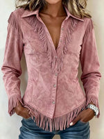 Women's Solid Color Collared Long-sleeved Casual Loose Faux Suede Tassel Shirt