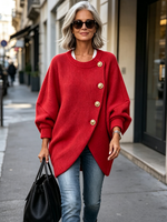 Elegant Red Asymmetric Button Knit Sweater