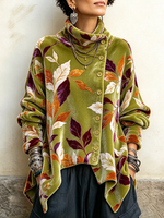 Vintage Leaf Print Asymmetrical Button Turtleneck Top