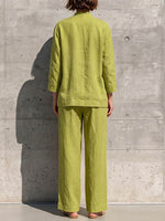 Women's Solid-color Cotton-linen Set: Loose Long-sleeve Crew-neck Top & High-waisted Wide-leg Pants