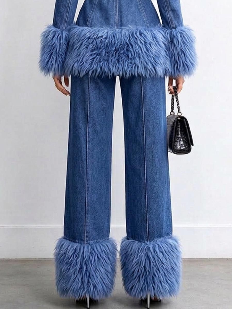 Women's Wide Leg Denim Pants With Faux Fur Hem