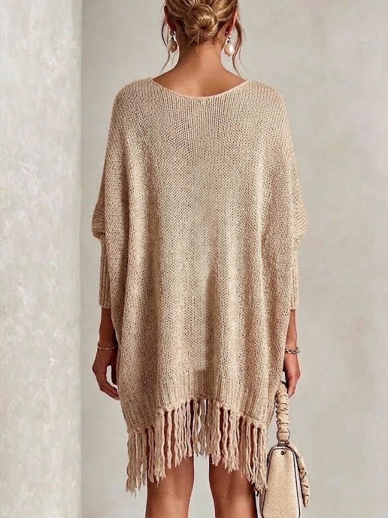 Bohemian V-neck Loose Knit Dress With Pockets And Tassels