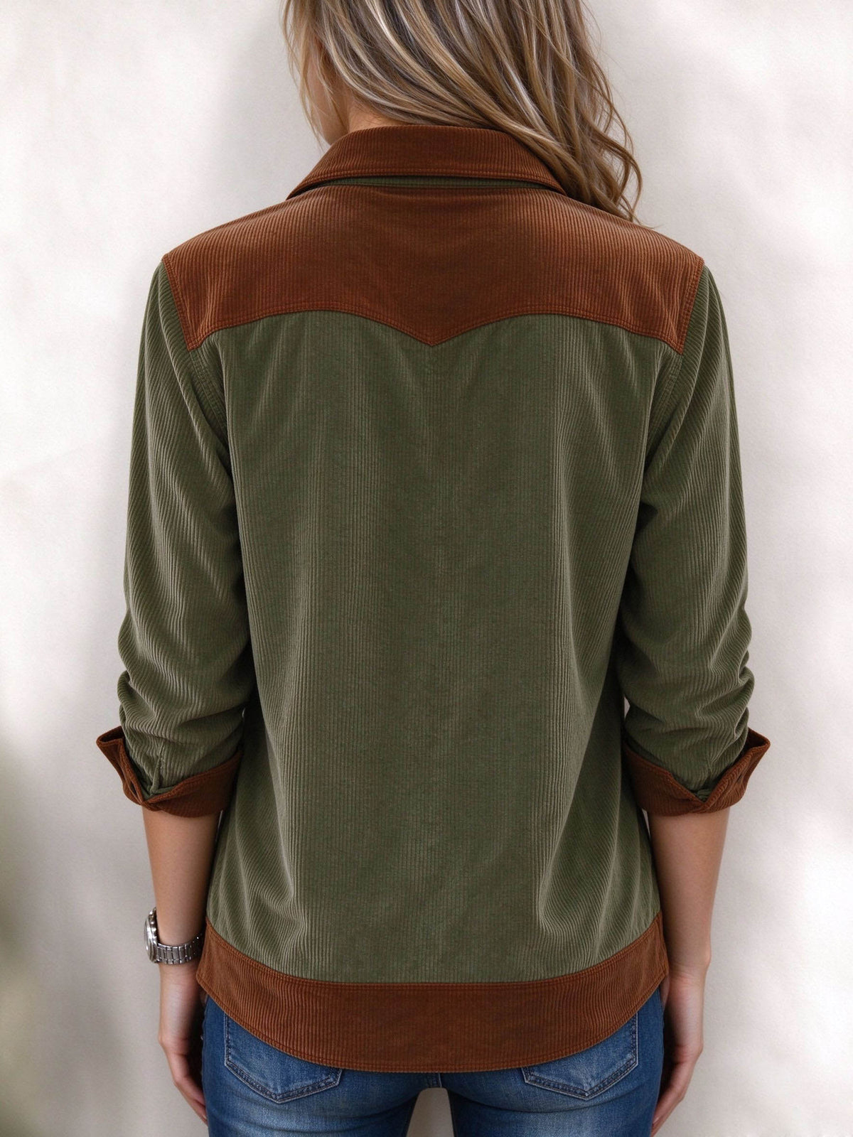 Casual Color-block Corduroy Western-style Shirt Jacket
