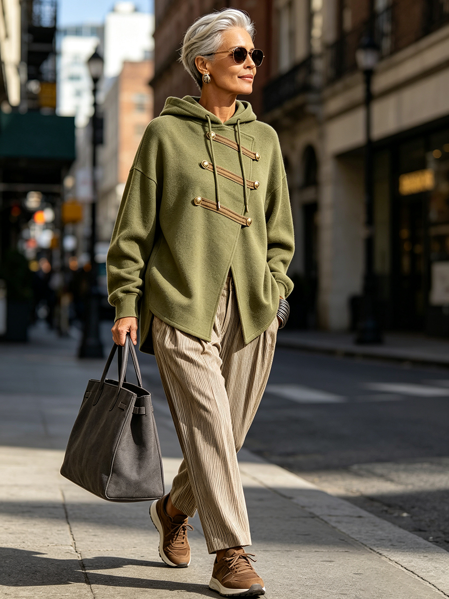 Chic Military-style Asymmetrical Olive Green Hoodie
