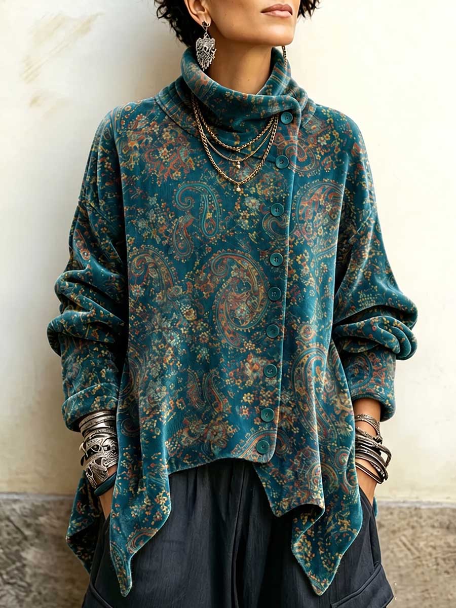 Women's Vintage Print High-neck Long-sleeve Loose-fit Velvet Top