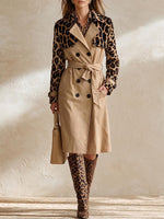 Women's Casual Loose-fit Long-sleeve Leopard Print Panel Trench Coat With Lapel Collar