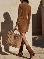 Women's Solid Color Lapel Long-sleeve Casual Loose Faux Suede Straight-cut Dress