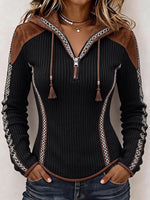 Cozy Contrast Trim Hooded Ribbed Pullover