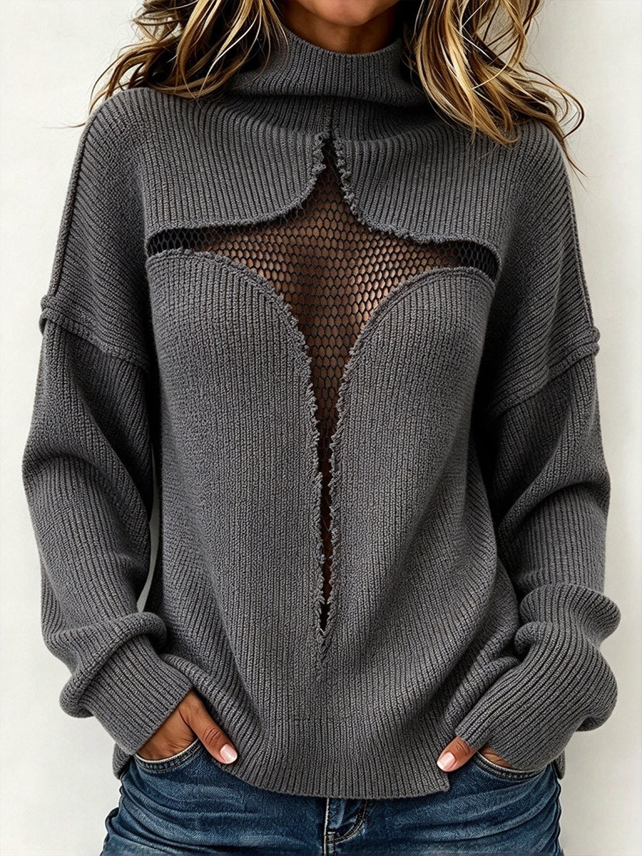 Chic High-neck Knit Top With Cut-out Mesh Paneling