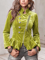 Women's Solid-Color Stand-Collar Long-Sleeve Slim-Fit Casual Velvet Jacket