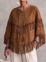 Ethnic-style Faux Suede Fringed Vest With Batwing Sleeves