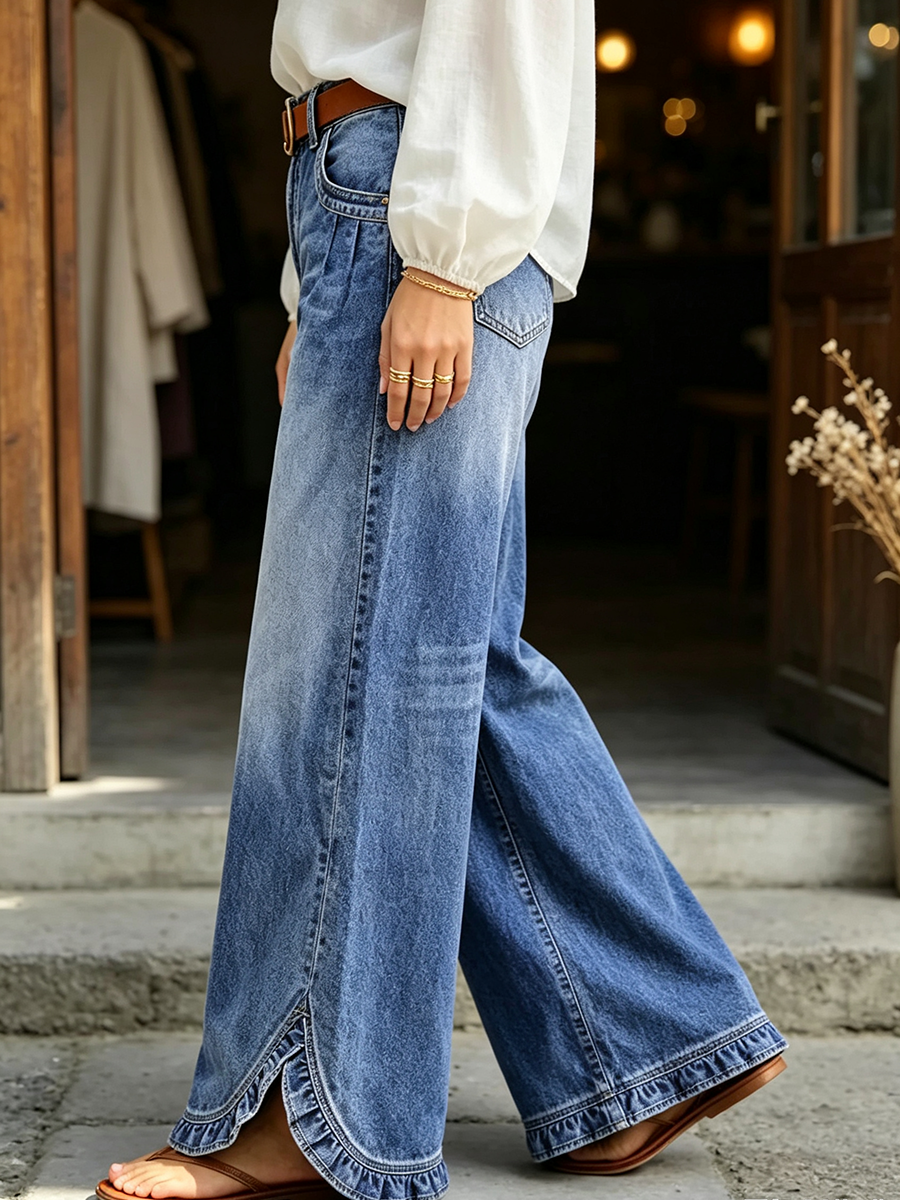 Chic Wide-leg Ruffled Hem Stretch Denim Pants