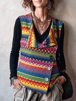 Women's Geometric Print Sleeveless Knit Vest – Casual Loose Fit With Collar