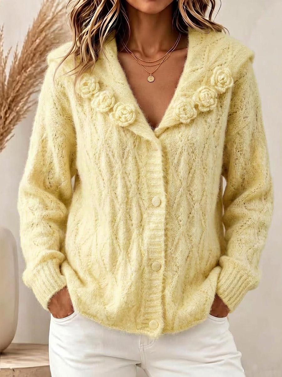 Women's Solid Color Sailor Collar Long-sleeve Casual Loose Textured Crochet Knit Cardigan