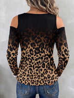 Women's Black Long-sleeve Casual Loose Top With Gradient Leopard Print, Deep V-neck, Crisscross Straps, And Off-shoulder Design
