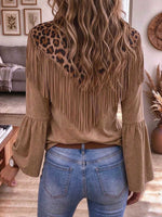 Women's Boho Western Leopard Print Fringe V-Neck Blouse