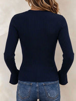 Women's V-neck Color Block Ribbed Knit Sweater With Asymmetrical Button Detail