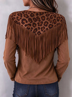 Chic Western-style Leopard Print Faux-suede Top With Fringe