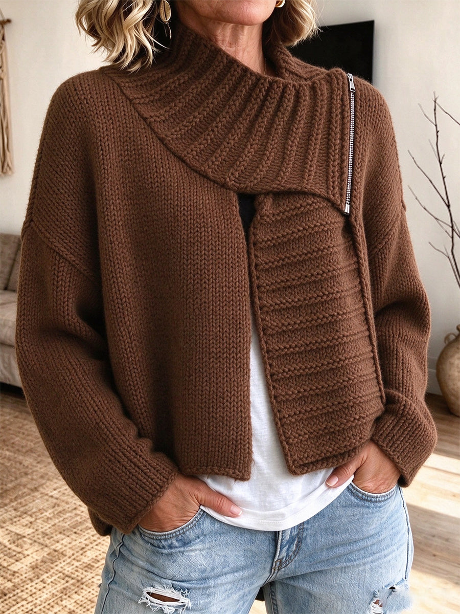 Chic Asymmetric Zip Ribbed Knit Cardigan