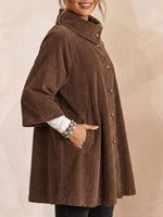 Women's Solid Color Stand-collar 3/4 Sleeve Casual Loose A-line Corduroy Top