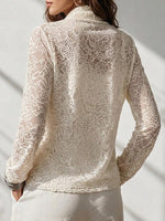 Women's Solid Color Mock Neck Long-sleeve Casual Loose Pleated Lace-embroidered Top