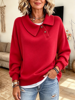 Casual Vibrant Red Fold-over Collar Sweatshirt