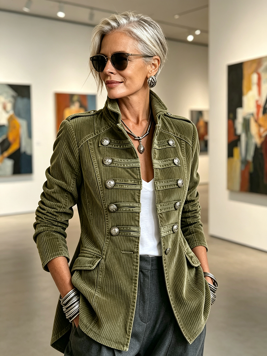 Chic Military-style Olive Green Corduroy Jacket