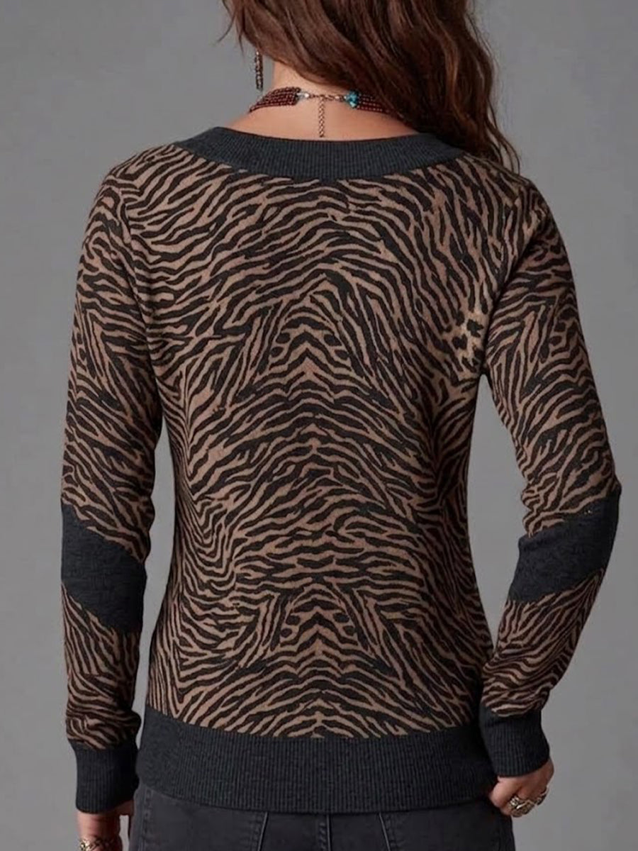 Leopard And Zebra Print Color-block V-neck Knit Top