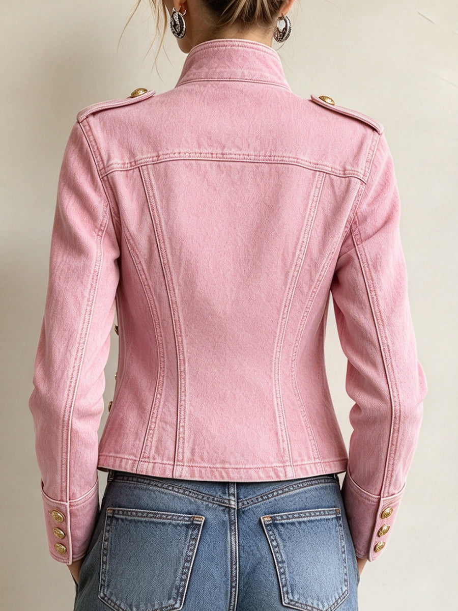 Casual Military-style Pink Denim Jacket
