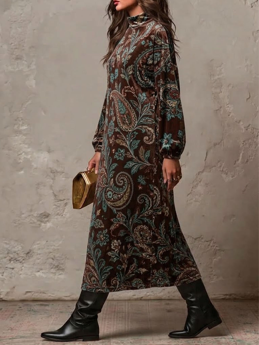 Vintage-style Paisley Floral Velvet Long-sleeve Dress With A High Neck