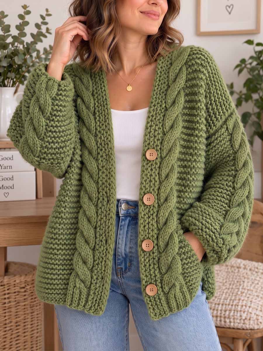 Women's Solid Color Long-sleeve Casual Loose-fit Knit Cardigan