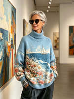 Artistic Coastal Pattern Blue Turtleneck Knit Sweater