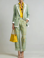 Women's Vintage Plaid Two-piece Suit Set With Contrast Trim