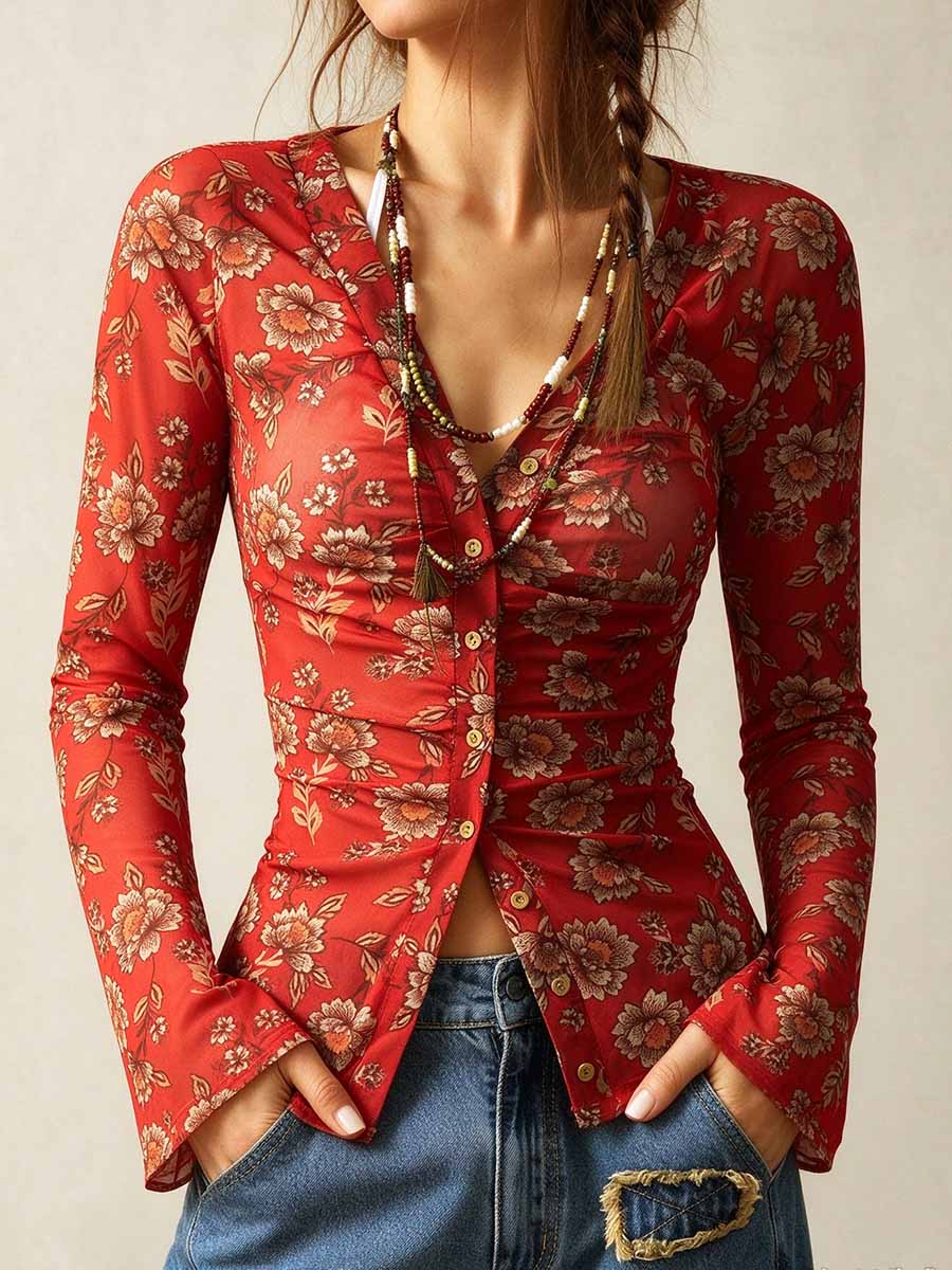 Women's Boho Floral Print V-Neck Button Down Ruched Top