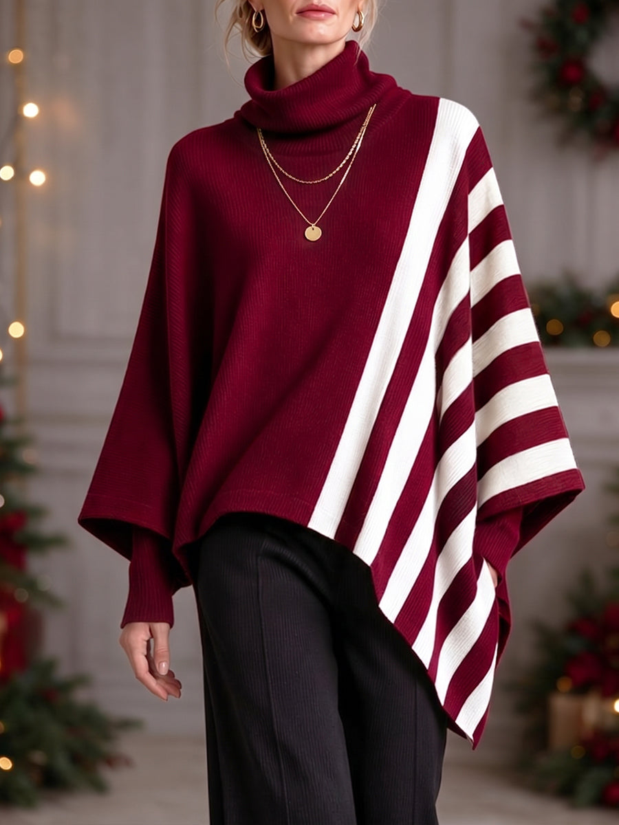 Christmas Burgundy Striped Turtleneck Knit Cape