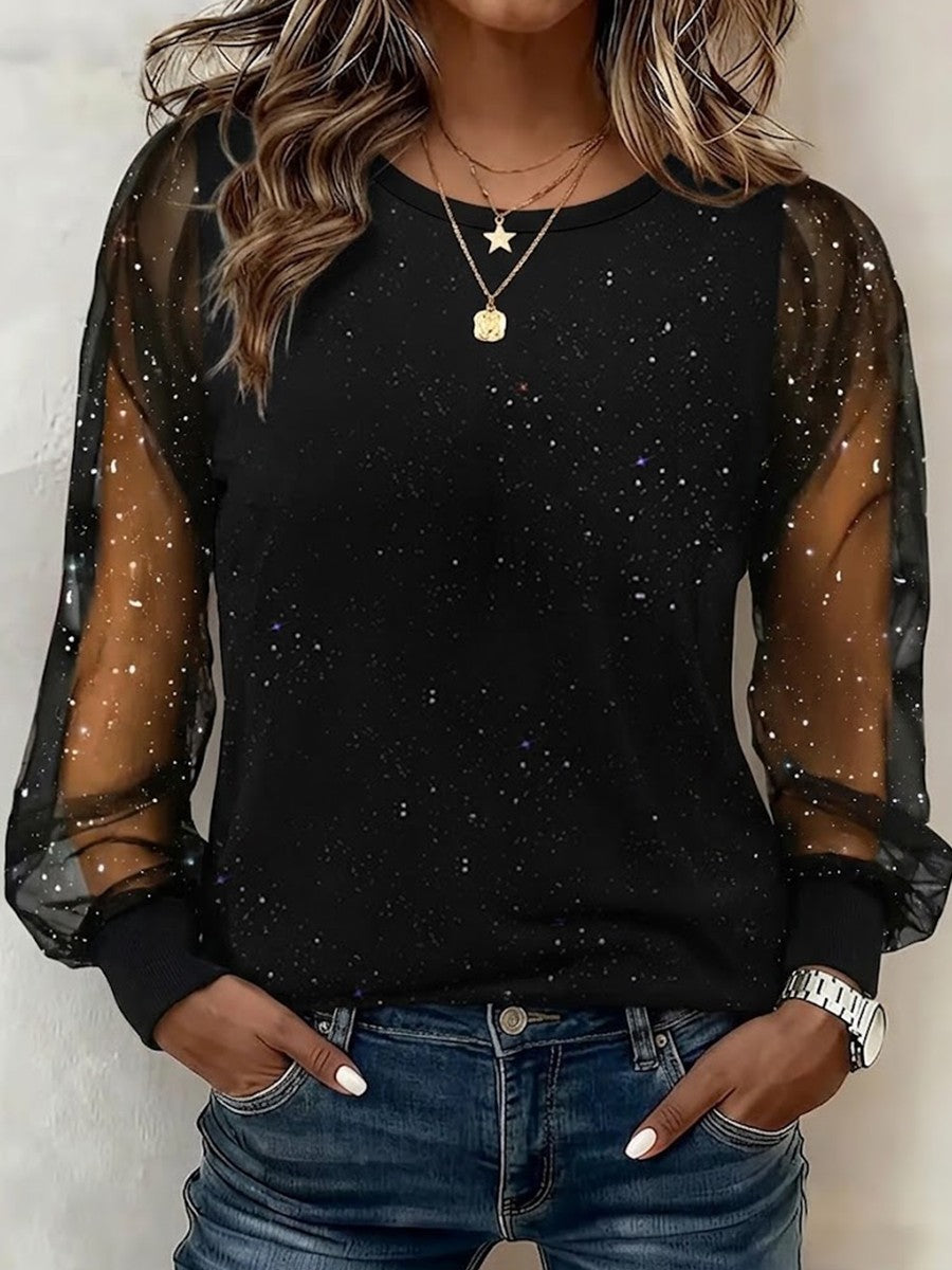 Round-neck Sheer Mesh Top Featuring Starry Glitter Detailing And Long Lantern Sleeves