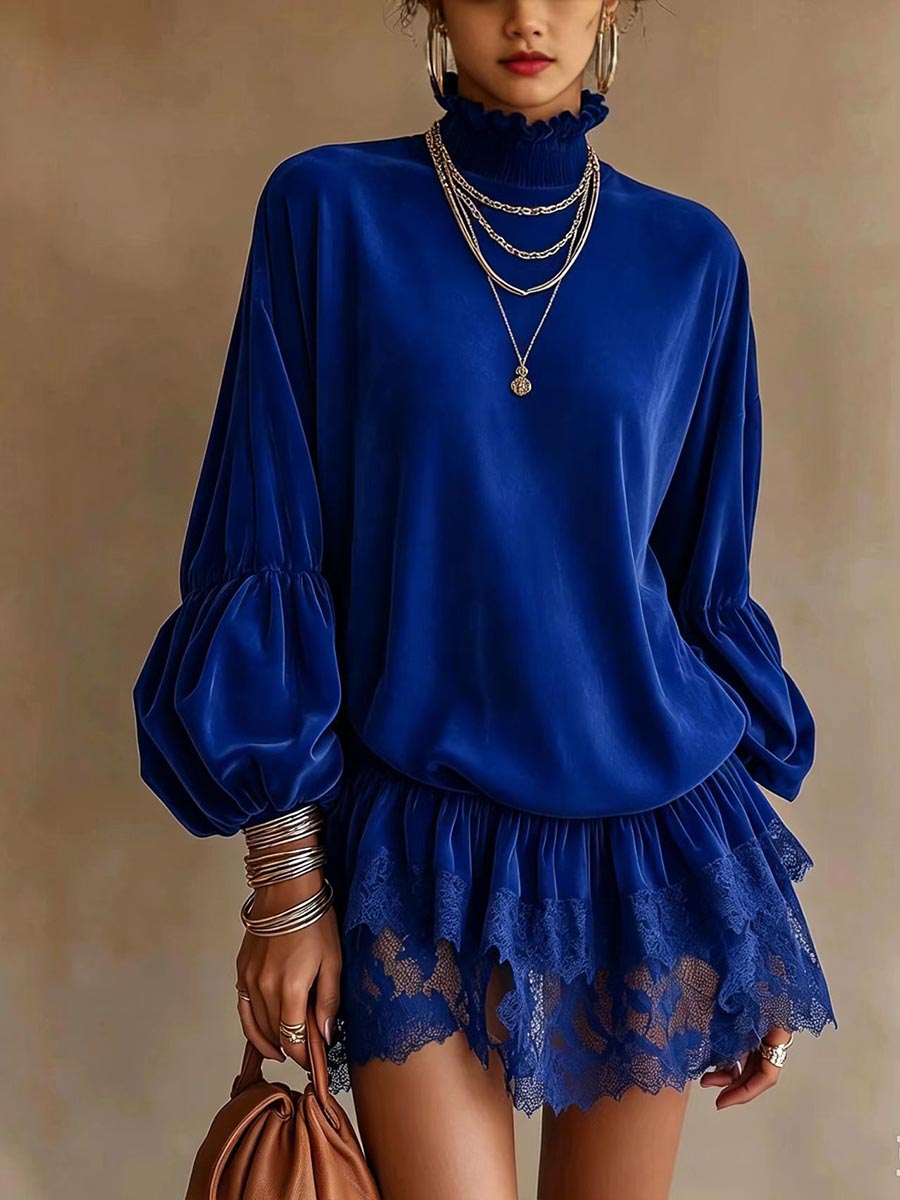 Women's Mock Neck Lantern Sleeve Tunic Top with Lace Patchwork Hem