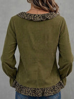 Leopard Ruffle Trim Corduroy Long Sleeve Blouse