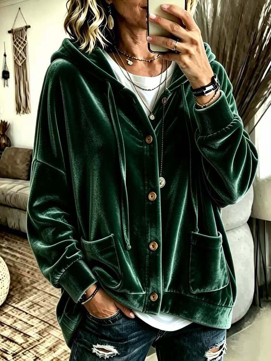 Women's Solid Color V-neck Long-sleeve Casual Loose Hooded Velour Cardigan