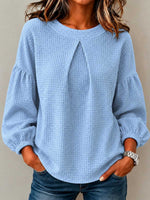 Women's Solid Color Crew Neck Long-sleeve Loose-fit Waffle Knit Casual Top