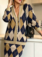Women's Color-block Argyle Print V-neck Long-sleeve Loose-fit Knit Cardigan
