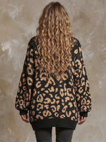 Bohemian-style Long Knit Sweater With Leopard Print And Lace Trim