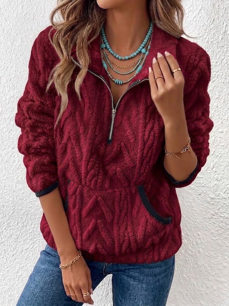 Half Zip Stand Collar Cable Fleece Long Sleeve Top