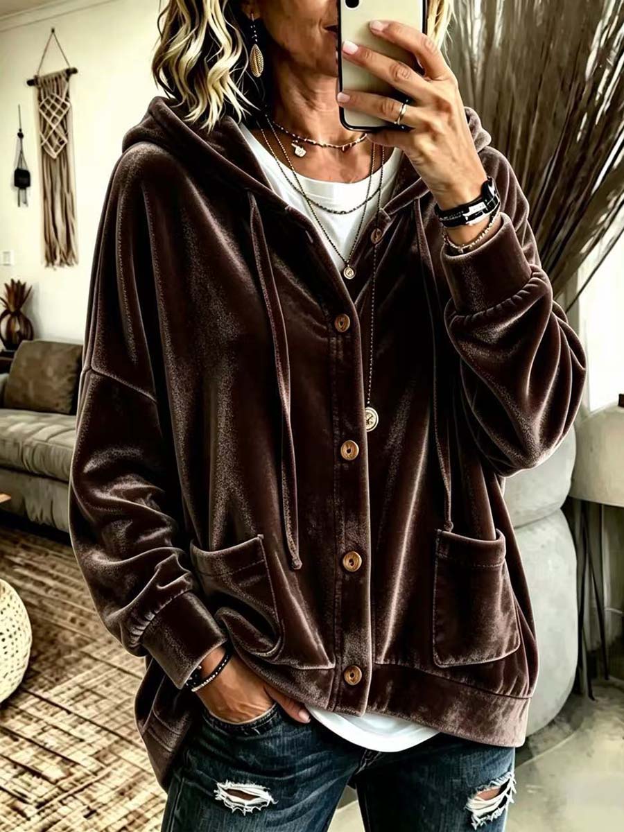 Women's Solid Color V-neck Long-sleeve Casual Loose Hooded Velour Cardigan