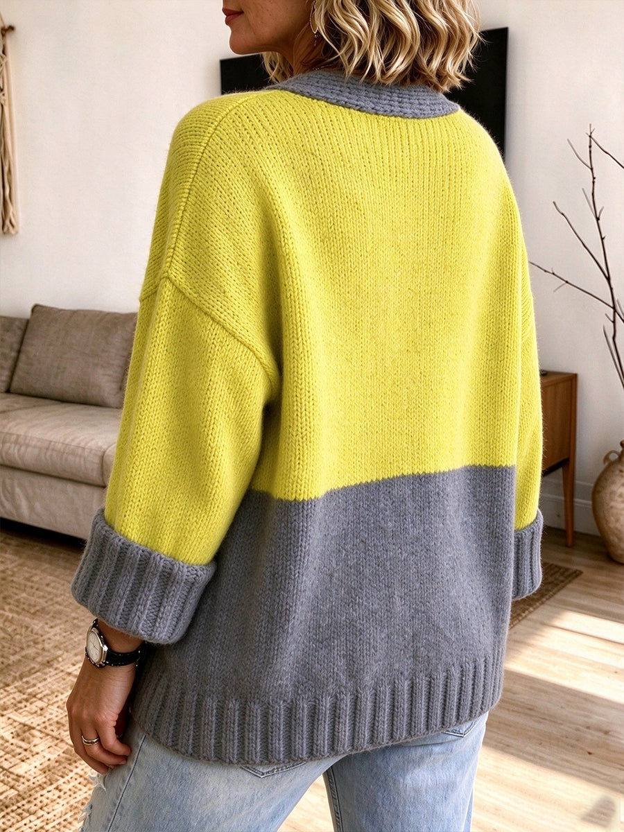 Color-Blocked V-Neck Knit Cardigan