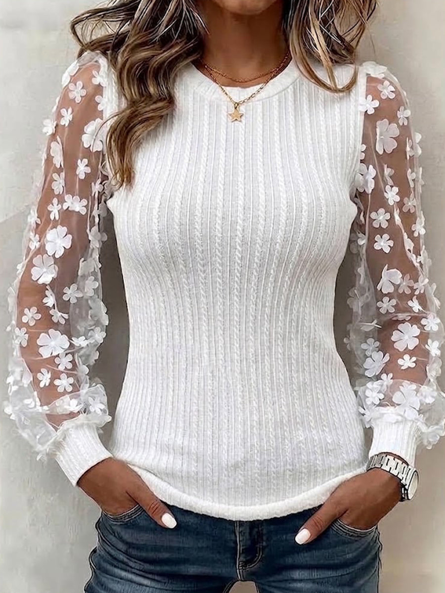 Slim-fit Long-sleeve Chiffon Top With A Round Neck And Floral Mesh Detailing