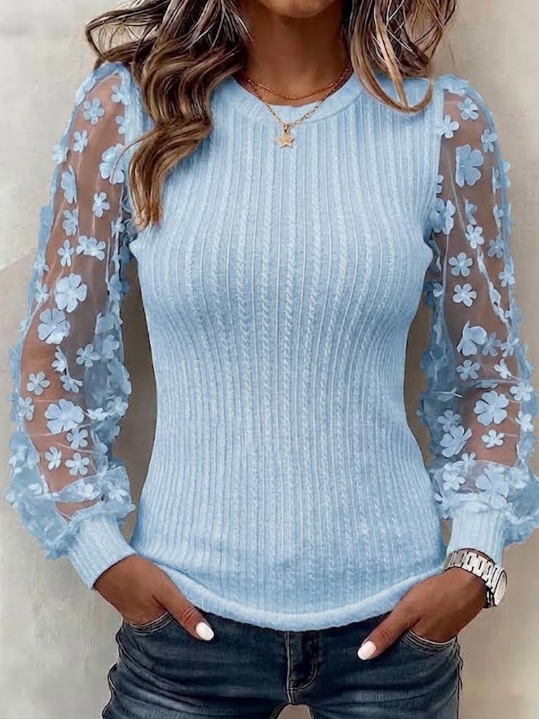 Slim-fit Long-sleeve Chiffon Top With A Round Neck And Floral Mesh Detailing