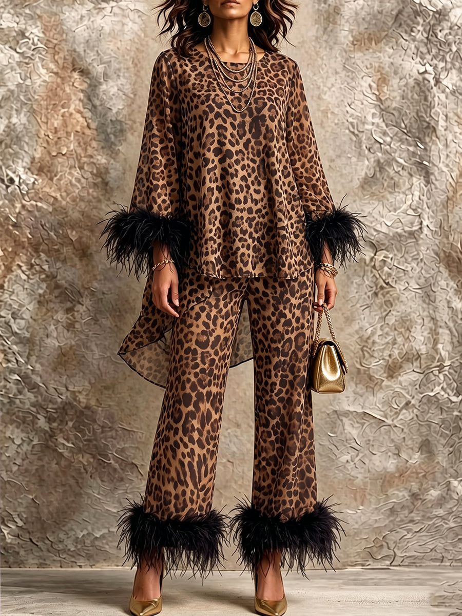 Chic Leopard Print Feather-Trimmed Two-Piece Set